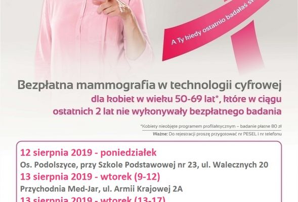 Bezpłatne badania mammograficzne 12-14 sierpnia 2019 roku w Płocku