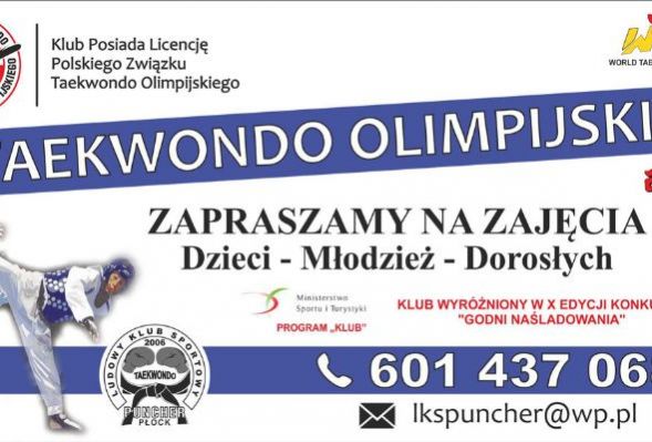 Klub LKS Puncher Płock zaprasza dzieci, młodzież i dorosłych na zajęcia sekcji: taekwondo olimpijskiego oraz kickboxingu.