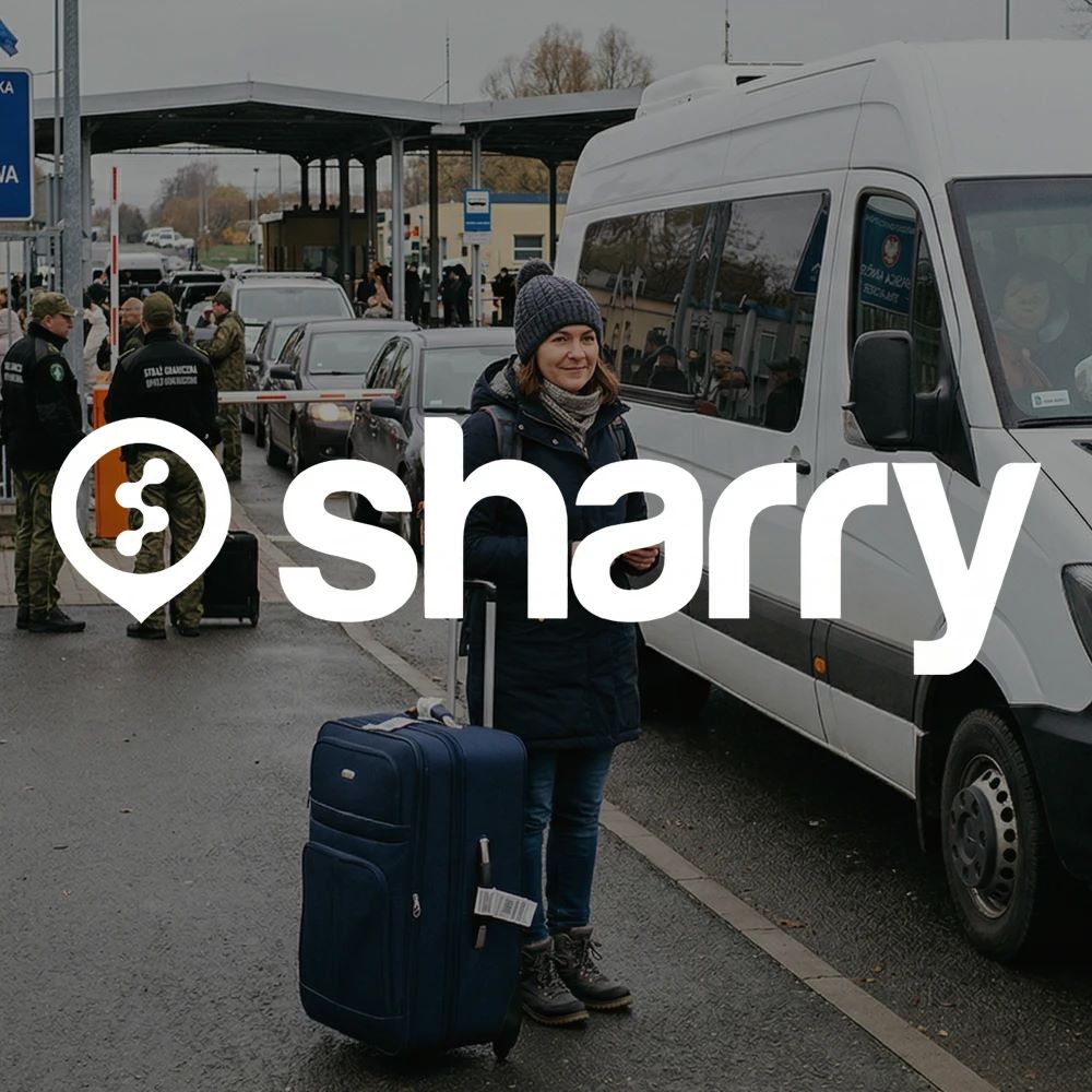 Sharry na tle kobieta stojąca z walizką i uśmiechająca się przyjaźnie na tle minibusa